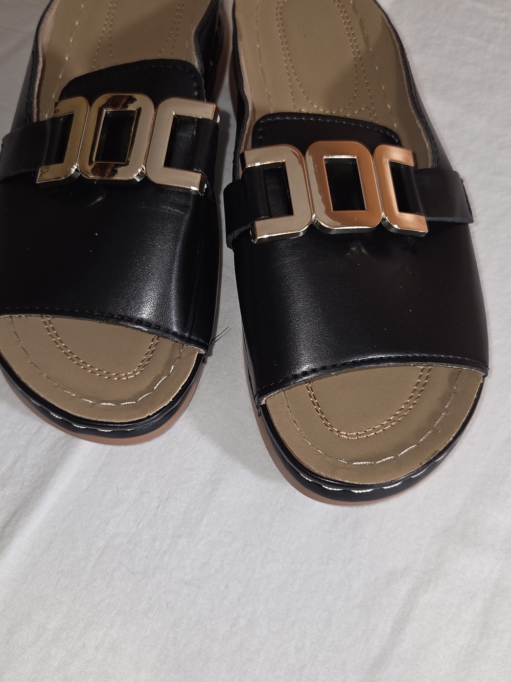 Women’s Black Slide Mules with Gold Accent Hardware